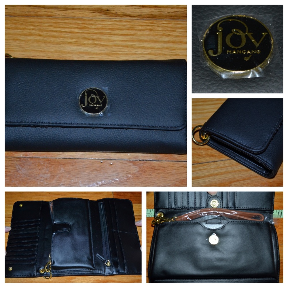 Women’s JOY Mangano black genuine leather trifold wallet/wristlet w/ RFID NEW